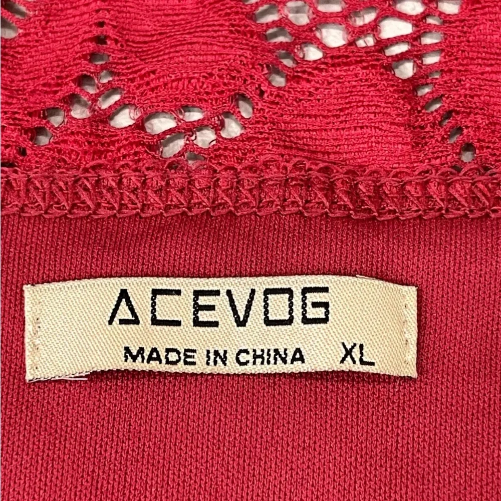 ACEVOG size XL red lace off shoulder midi dress lined with stretch 3/4 sleeve - Picture 3 of 14